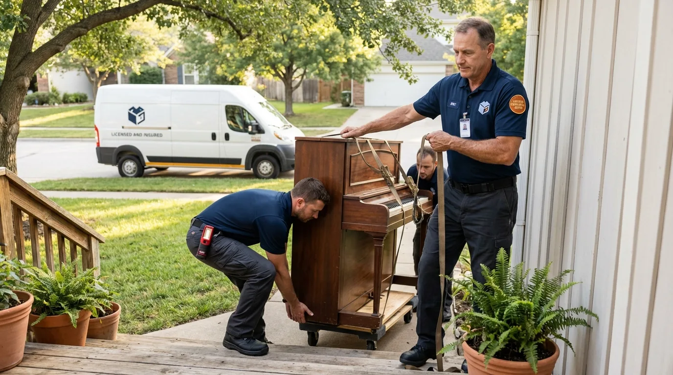 Licensed piano movers securing grand piano in Trenton, OH