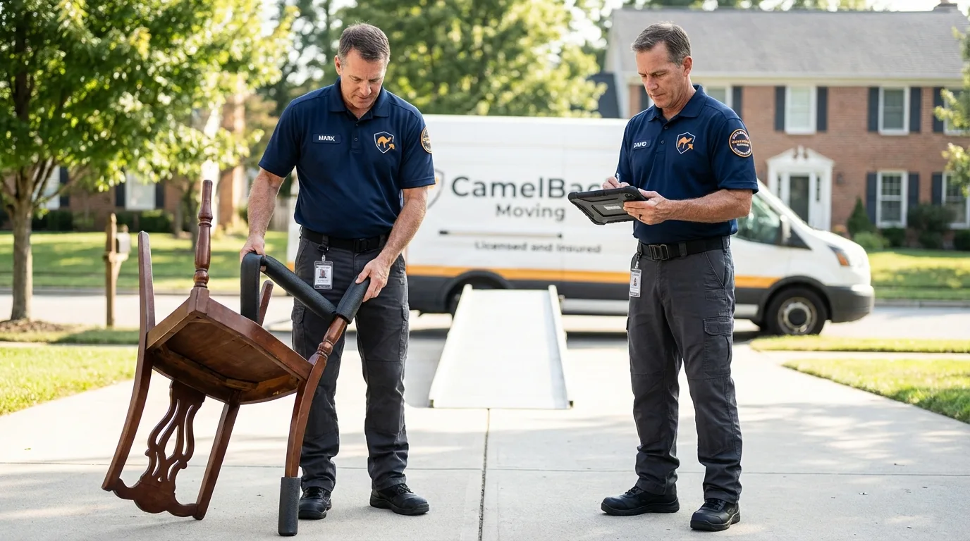 Movers inspecting furniture for damage prevention before loading in Trenton, OH