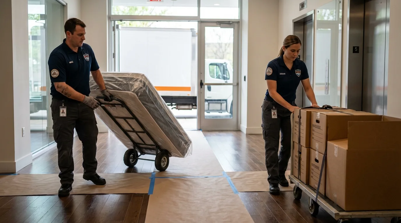 Professional apartment movers loading elevator in Trenton, OH